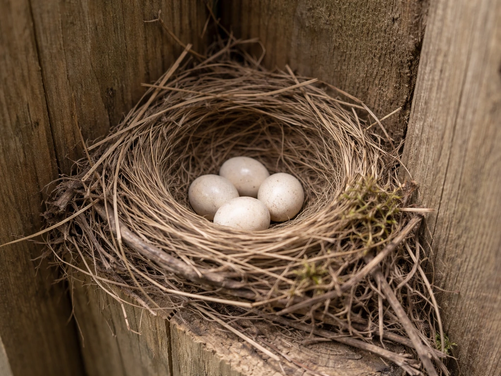 Close-up of a bird nest with visible eggs in a quiet fence corner under natural light.