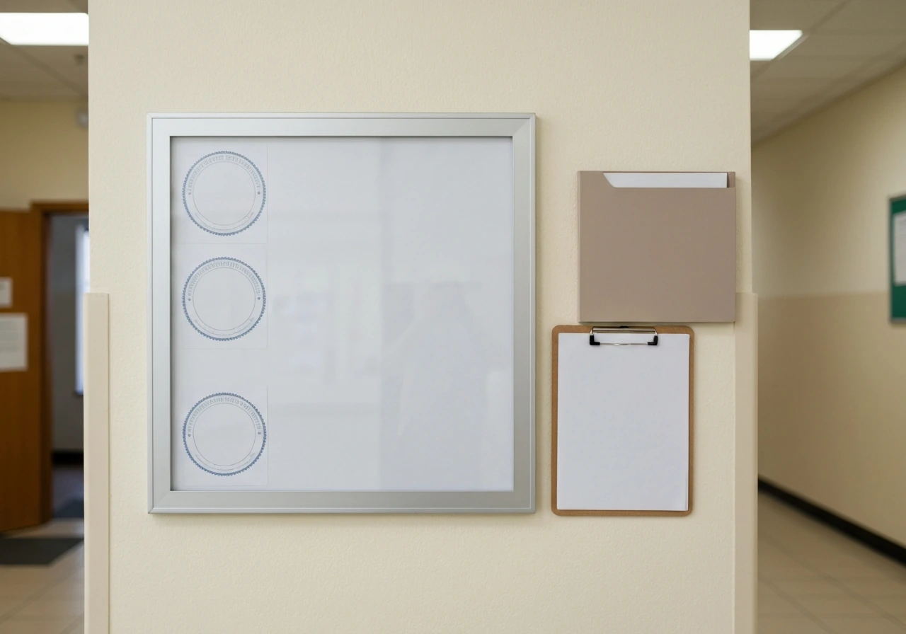 Government-style information board with blank seals and a clipboard, no readable text, minimal hallway scene.