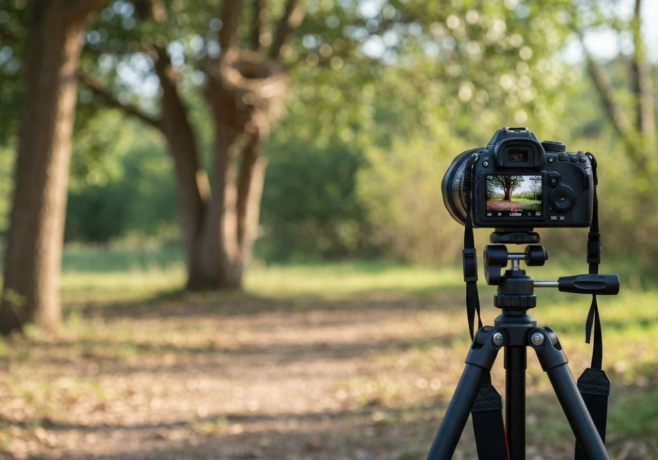 Wildlife camera on a tripod monitoring a distant bird nest from safe ground over several days
