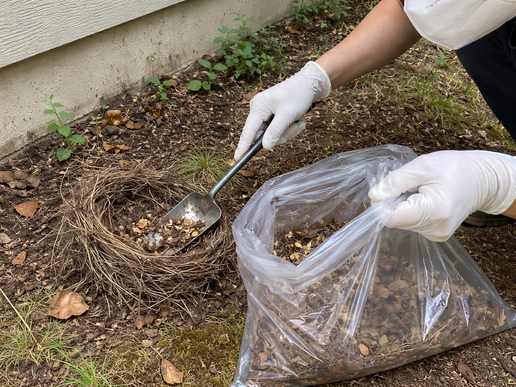 Gloved person wearing N95 and placing debris into a sealed bag beside a bird nest on the ground