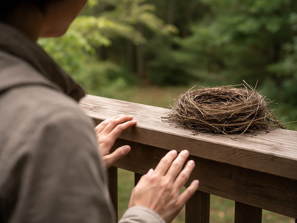 Homeowner carefully observes an old abandoned bird nest from a safe distance outdoors.