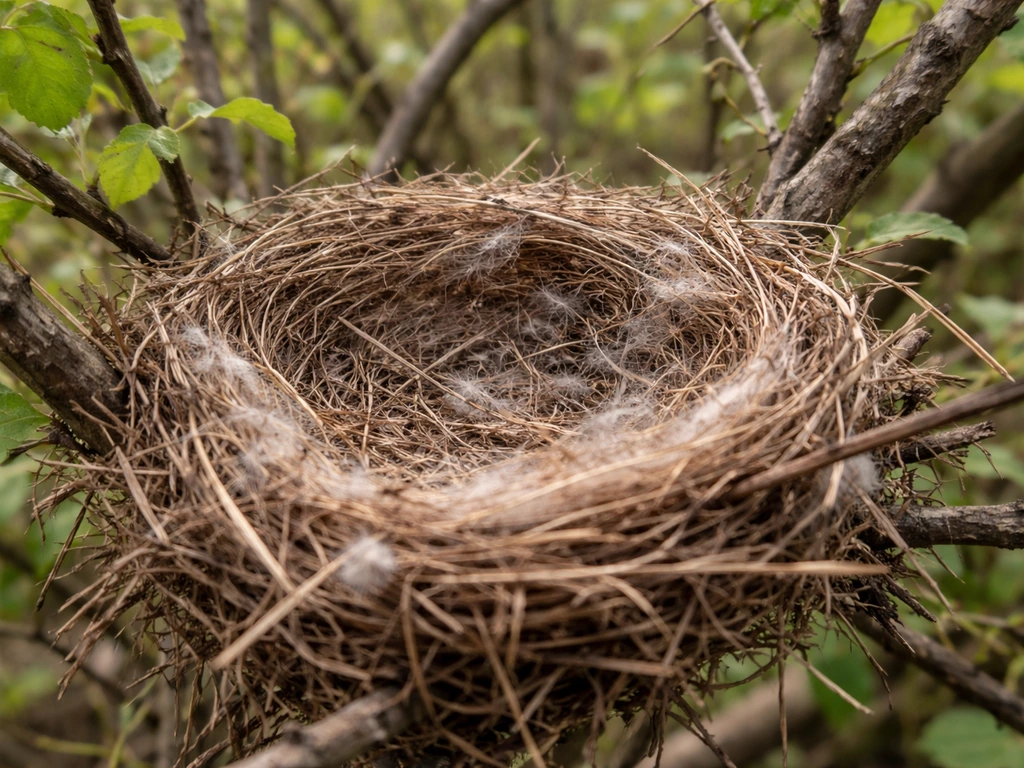 Close-up of an outdoor bird nest in a shrub, mostly empty, with leaves around it.