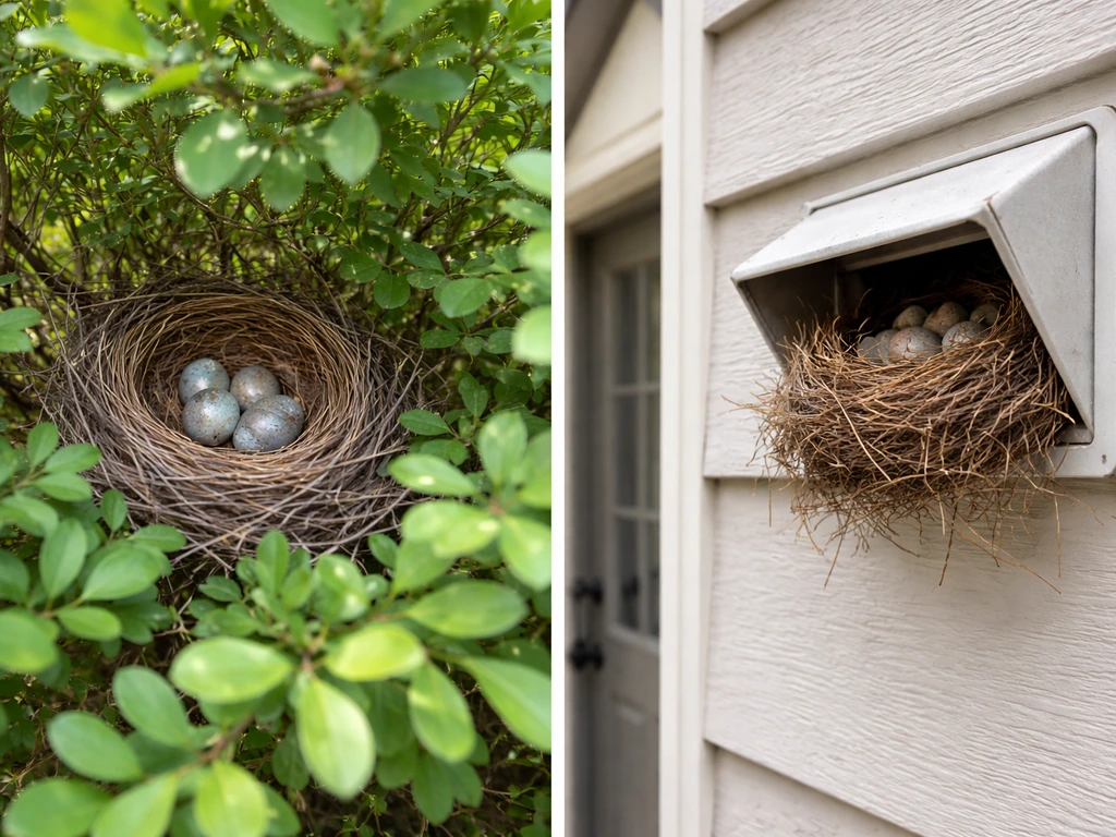 Split-view scene: a bird nest in a shrub left alone, and another nest blocking a building vent area to remove.
