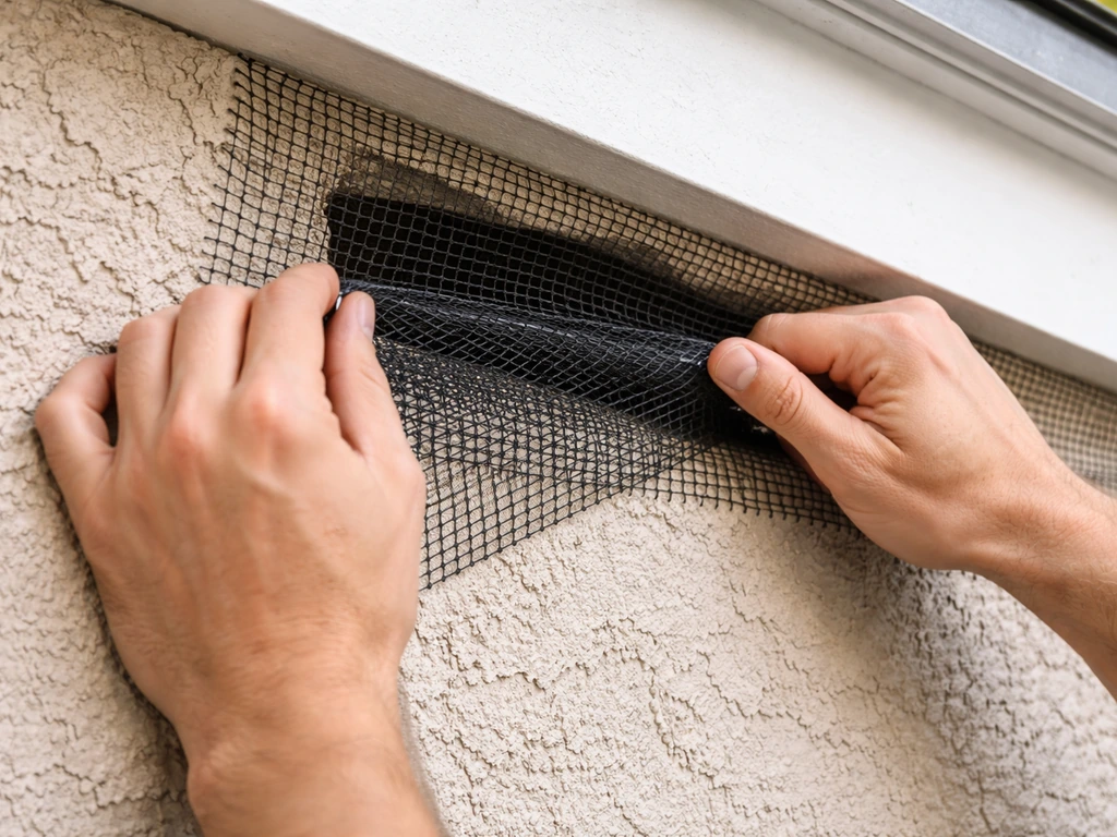 Hands installing fine bird-exclusion mesh over a small exterior gap after cleaning a nest site.
