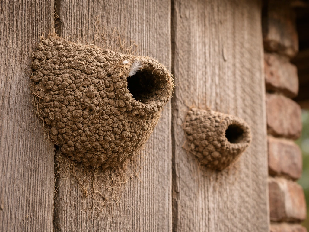 Old swallow mud nest tightly bonded to vertical wooden siding, showing hardened texture and grass fibers.