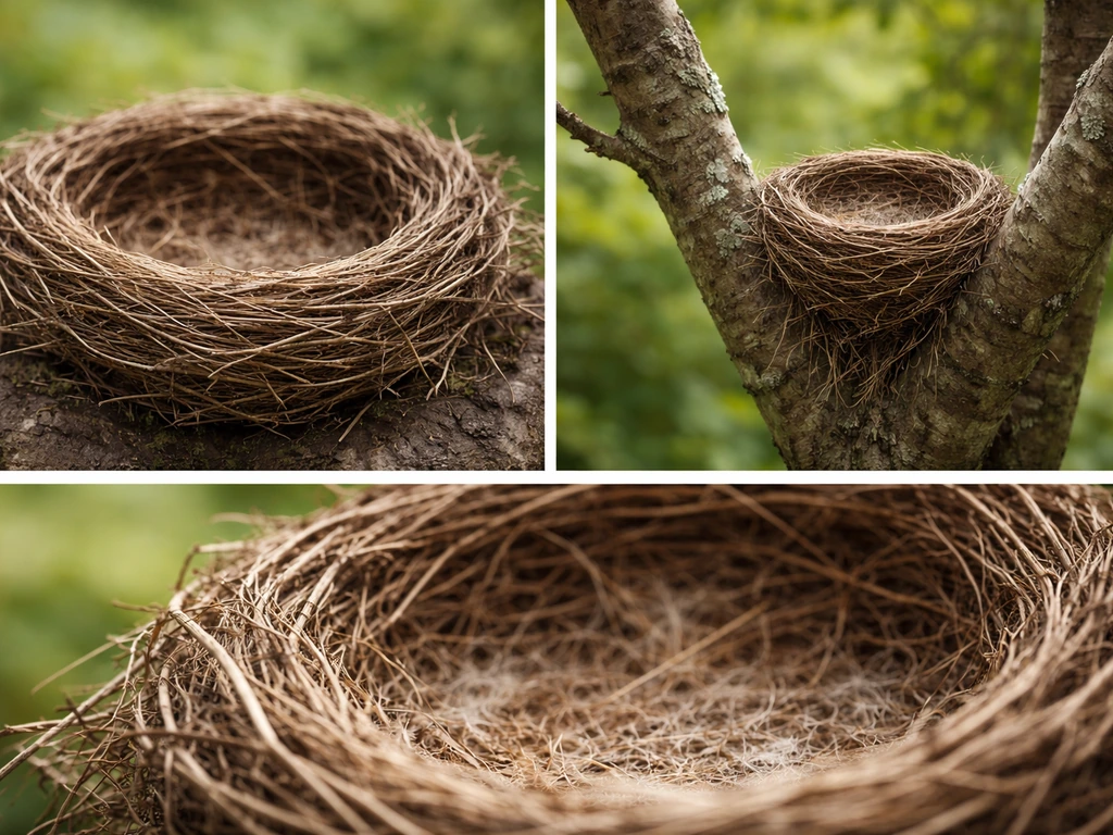 Close-up view of a bird nest on a tree branch with visible twig and grass materials in natural light.