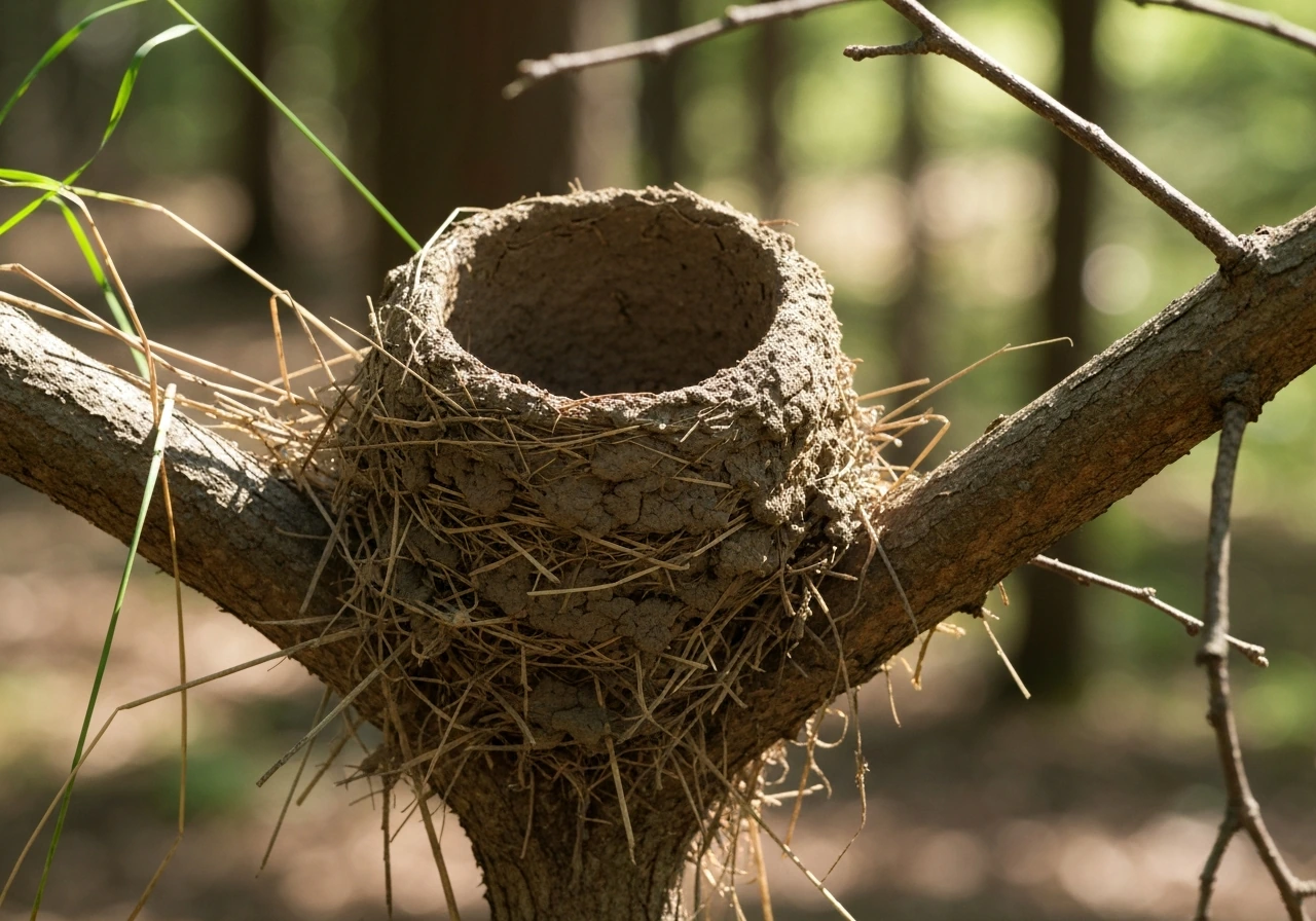 Close-up of a mud-and-grass cup nest in a tree fork with soft dappled forest light behind it