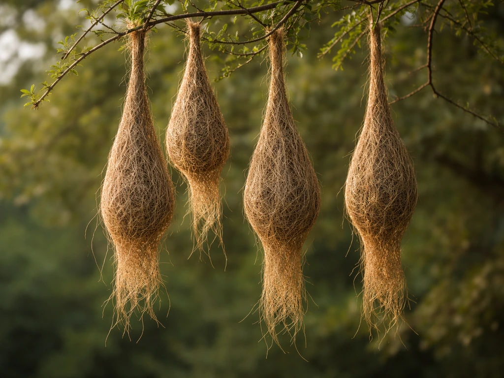 Elongated woven pendant nest sacs hanging from branch tips in soft natural light