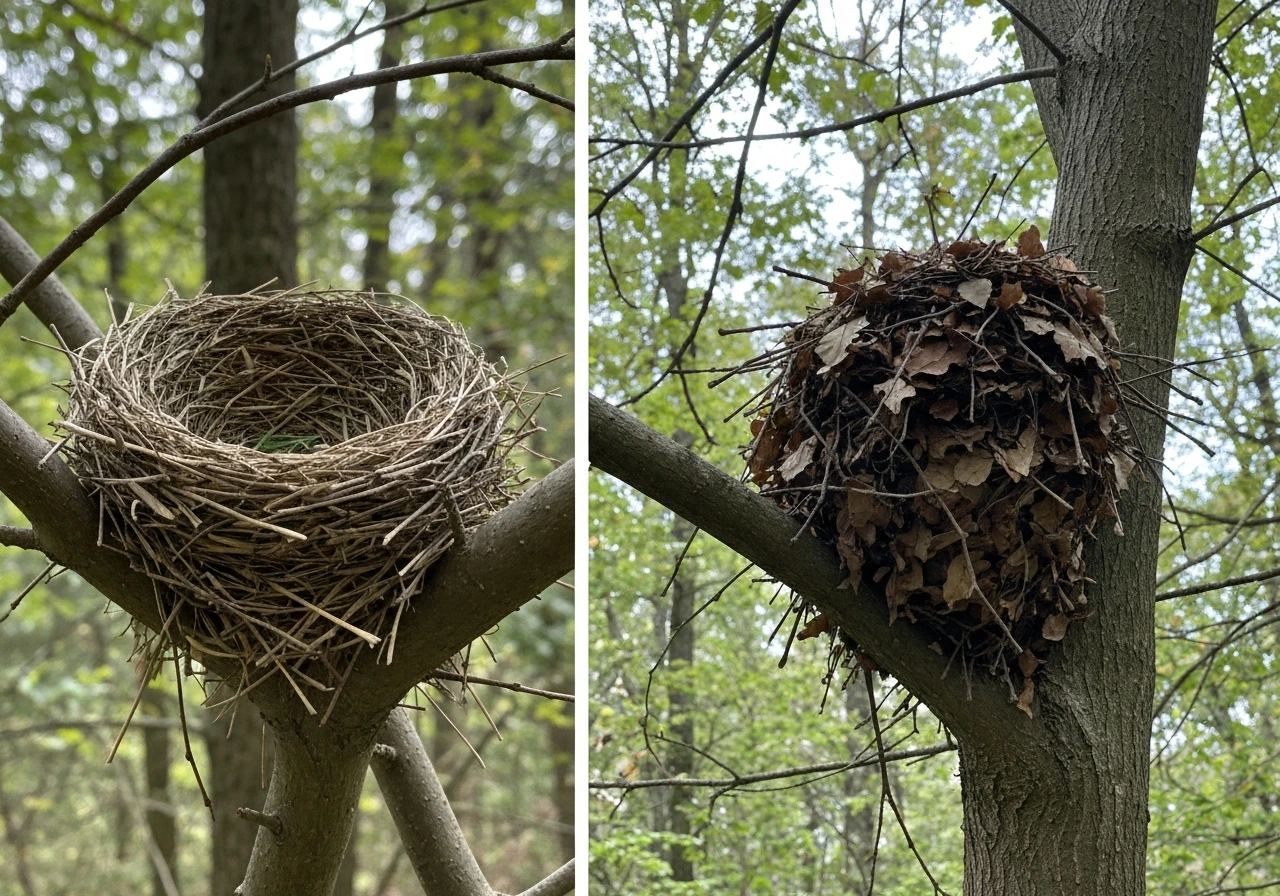 Side-by-side close-up of a bird nest bowl and a squirrel leaf drey in tree branches.