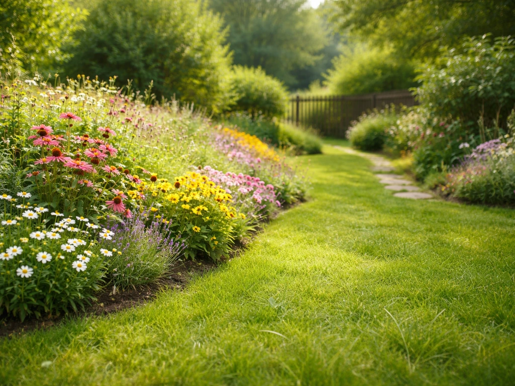 Jardin estival avec pelouse et fleurs de bordure, ambiance sereine et sûre, évoquant le gazon d’Espagne.