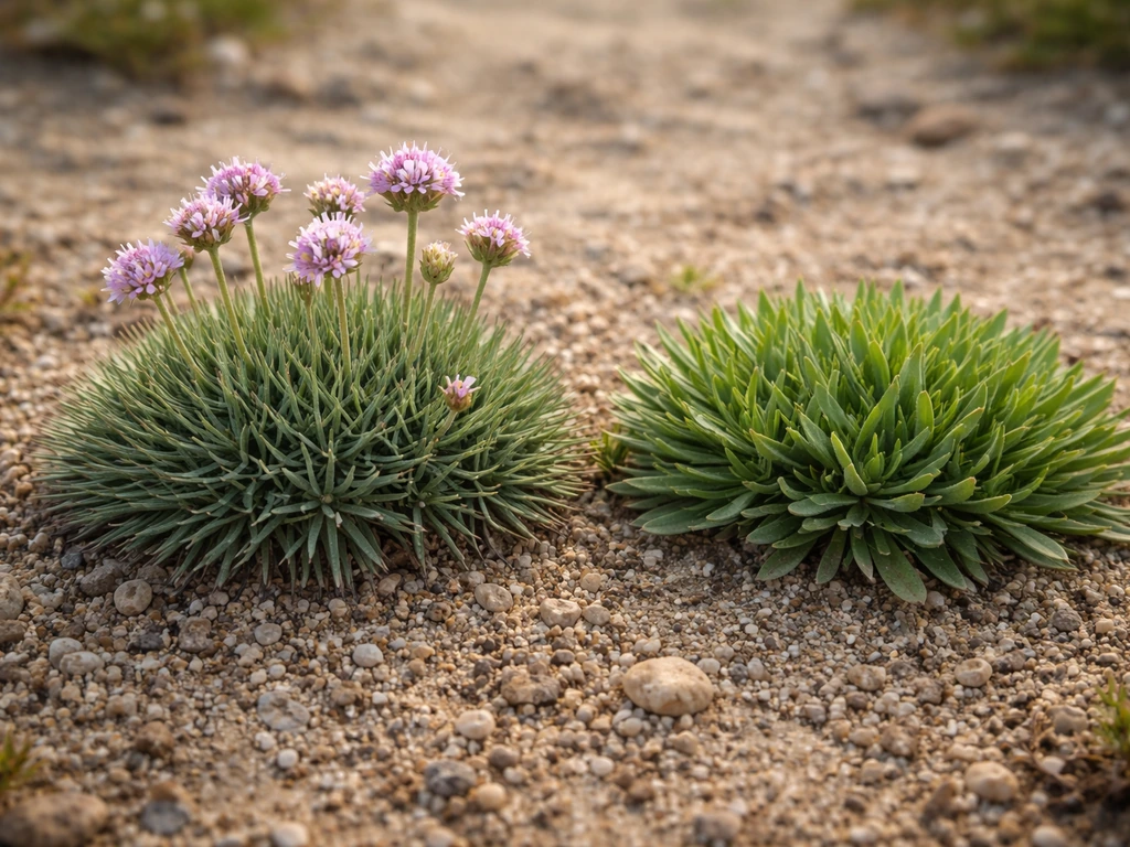 Deux rosettes d’Armeria aux fleurs roses sur un sol caillouteux, pour illustrer la confusion de “gazon d’Espagne”.