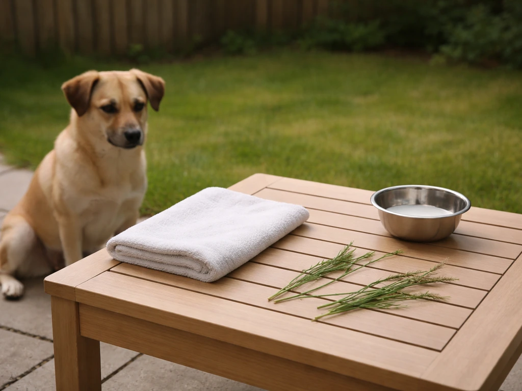 Chien dans le jardin près d’une table avec serviette, eau et brins de plante à examiner.