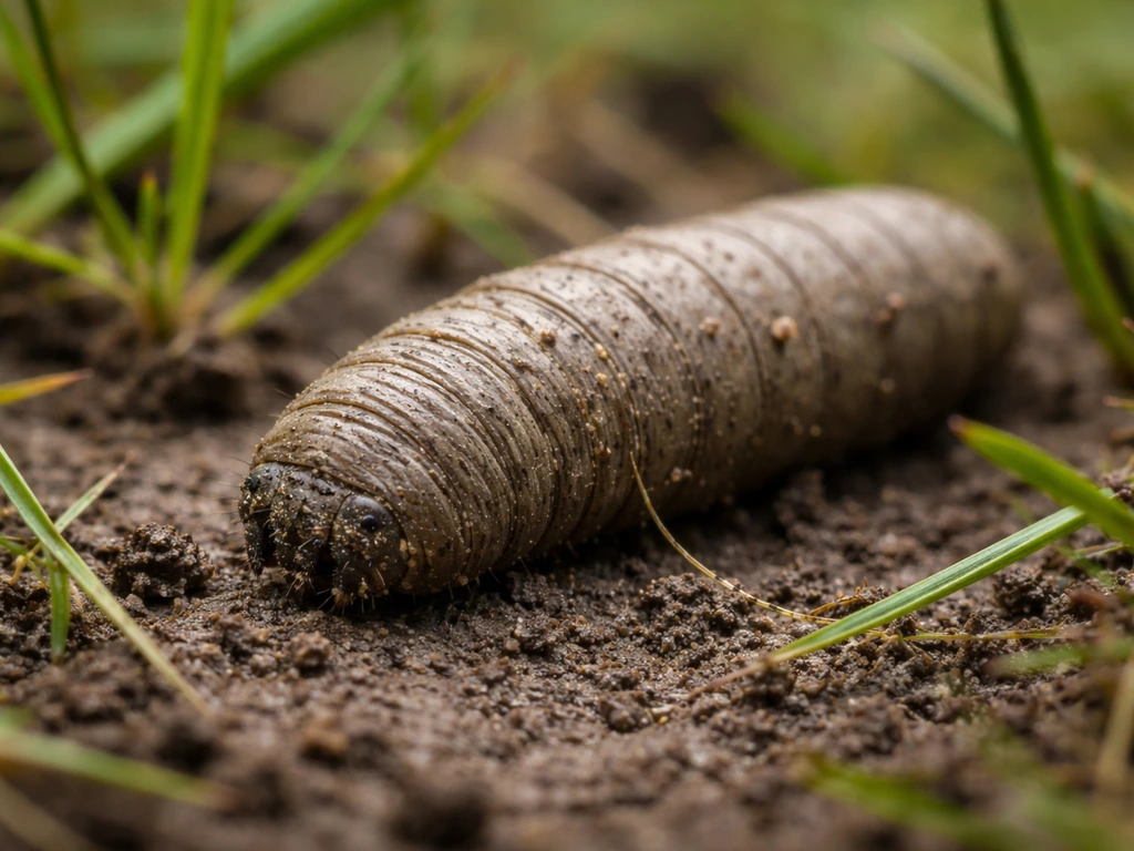 Gros plan d’une larve apode de tipule grisâtre sur un sol de gazon humide, avec brins d’herbe autour.