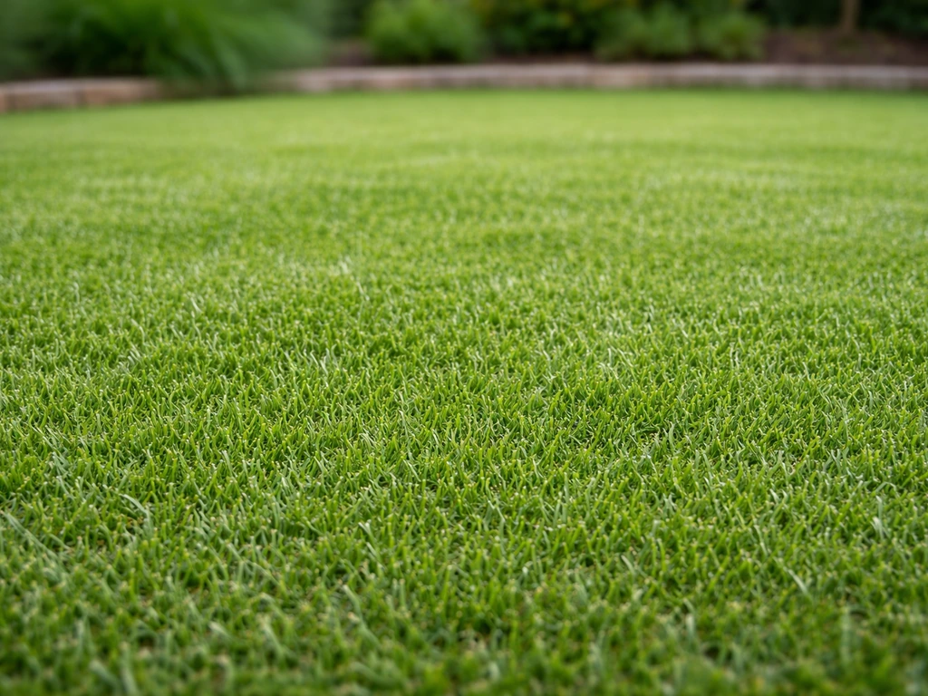 Gazon très ras et dense, brins fins bien visibles, mise au point sur la texture dans un jardin.
