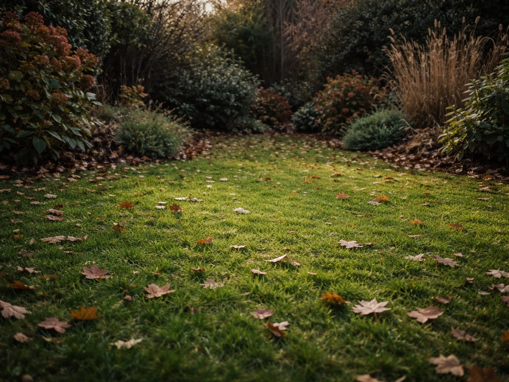 Coin de jardin en automne avec une pelouse dense et bien verte malgré les saisons