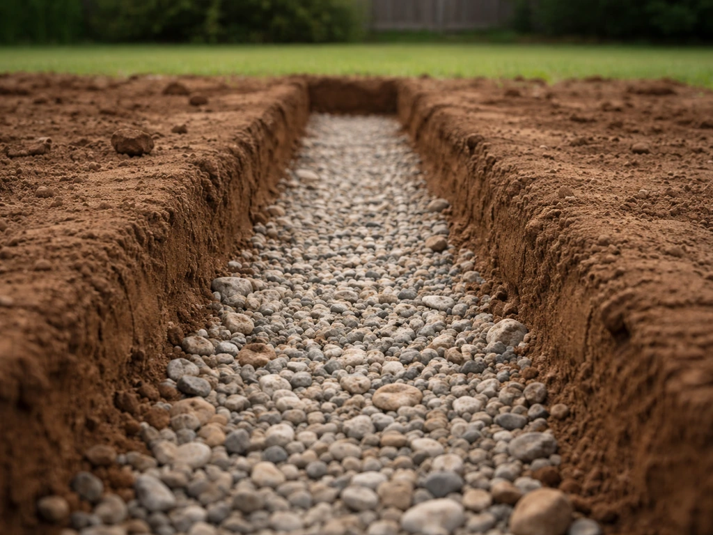 Tranchée avec couche de gravier drainante dans un jardin, préparation de sol argileux avant pose de gazon