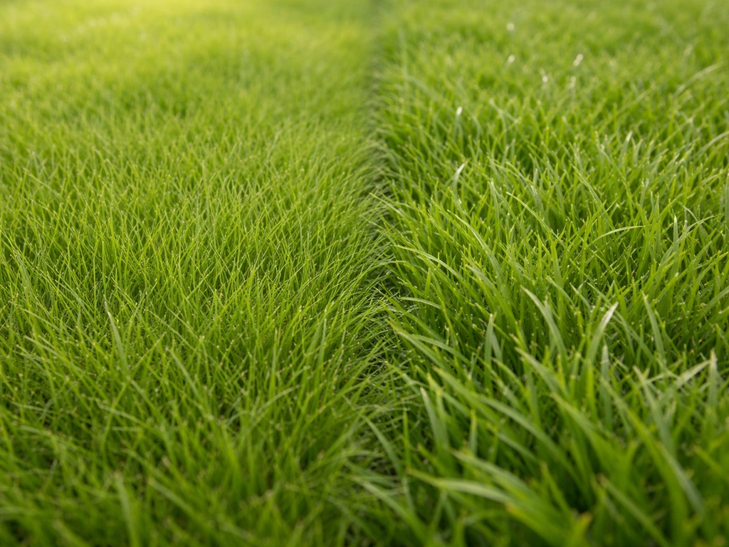 Gros plan comparatif d’herbes fines et plus grossières, montrant la texture et la densité du gazon.