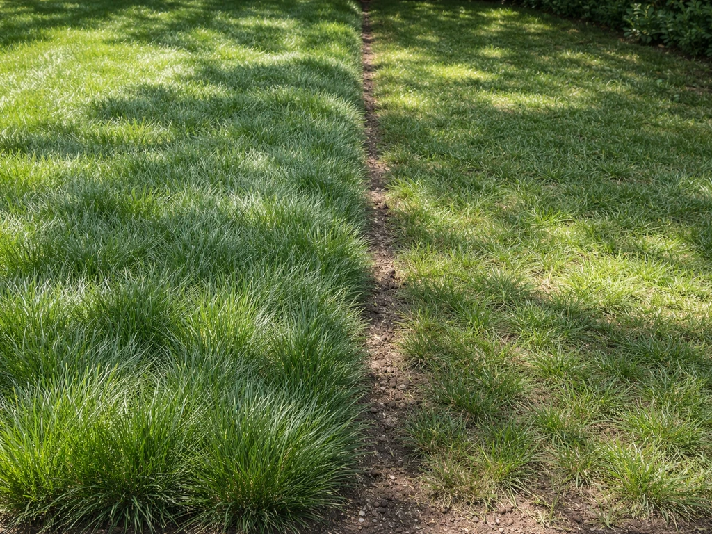 Deux parcelles de gazon : fétuques denses en plein soleil à gauche et plus clairsemées à l’ombre à droite.
