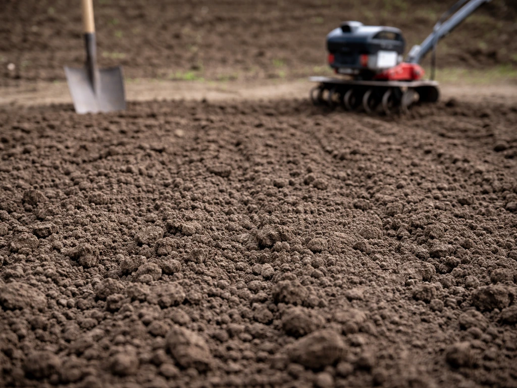 Sol fraîchement bêché et émietté, près d’un outil de jardin, prêt à recevoir la semence de gazon.