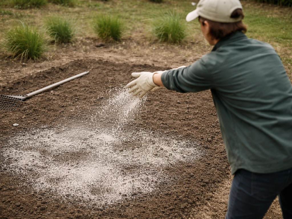 Épandage d’un amendement sur une parcelle de jardin, avant incorporation pour corriger le pH du sol.