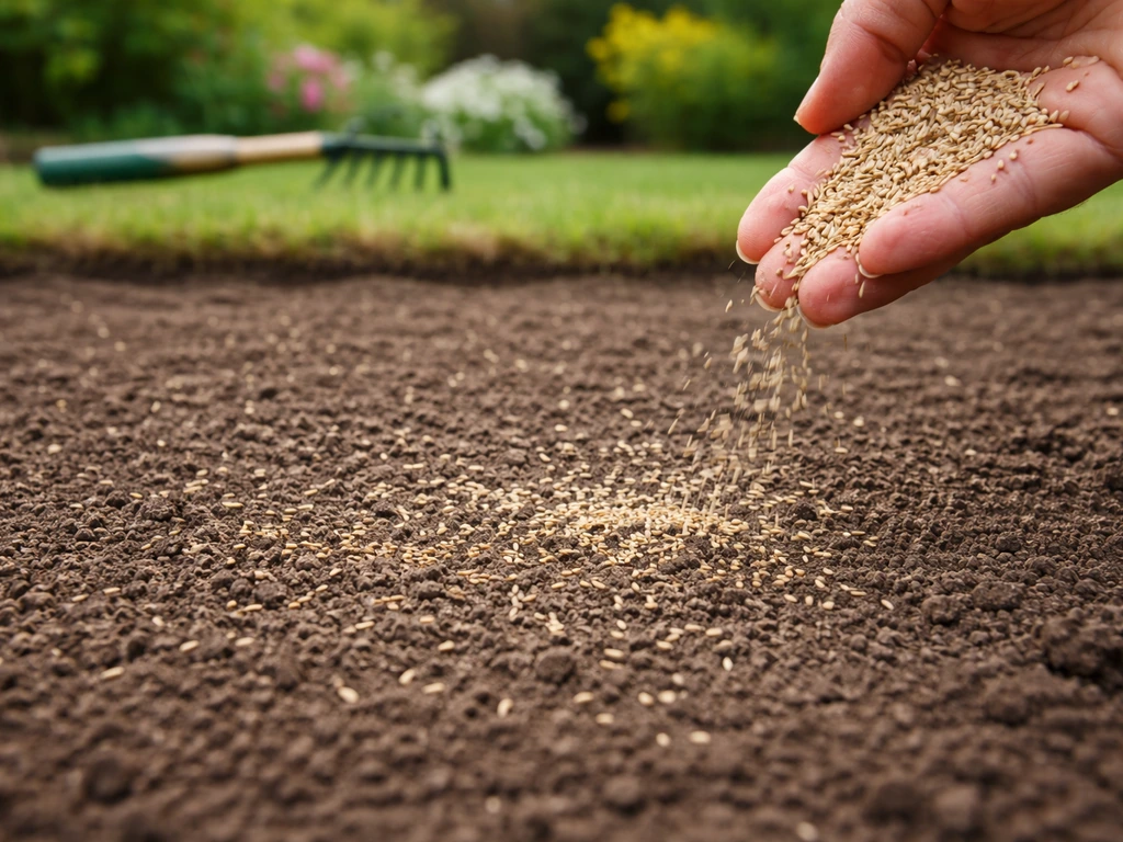 Graines de gazon visibles au premier plan sur une terre finement ratissée, semis uniforme en jardin.