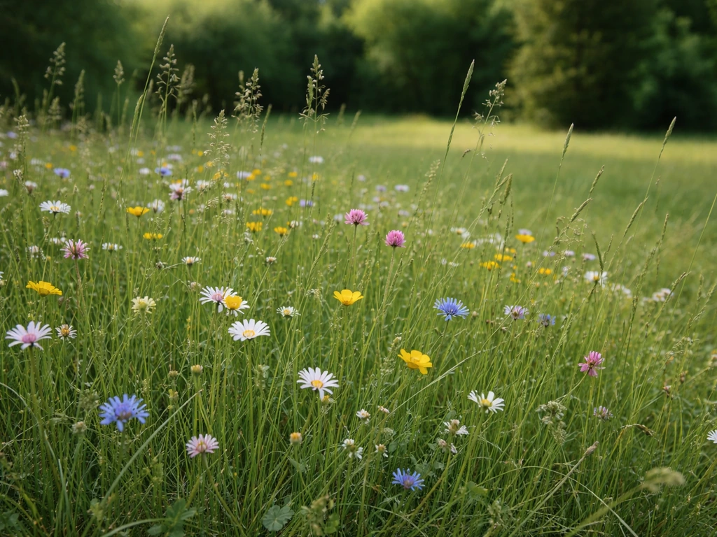 Gazon sauvage prairial en floraison au bord d’un jardin, graminées et petites fleurs colorées