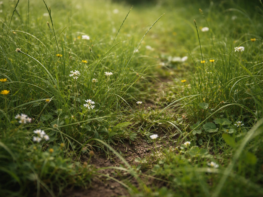 Gros plan d’un gazon sauvage prairial : graminées fines et petites fleurs, texture dense, lumière naturelle.