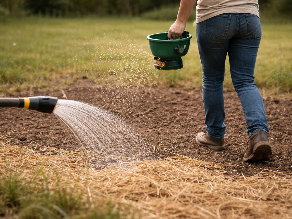 Semis d’une prairie fleurie : graines répandues à la volée, épandeur réglé et arrosage en pluie fine