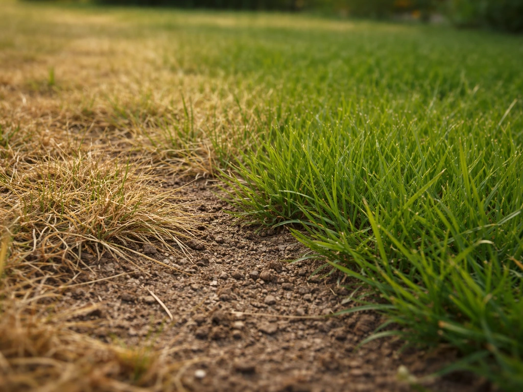 Zone de gazon sauvage jaunie et sèche, puis repousse verte visible après arrosage de soutien.