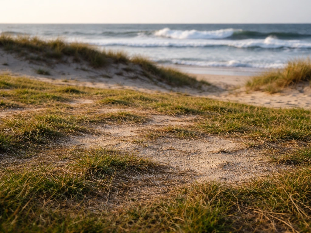 Gazon côtier sec et abîmé près de la plage, sable et embruns visibles par temps venteux