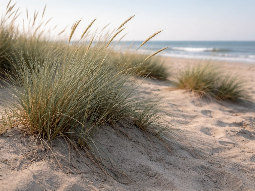 Touffes de graminées au sol sableux sur le littoral, texture humide et végétation robuste.