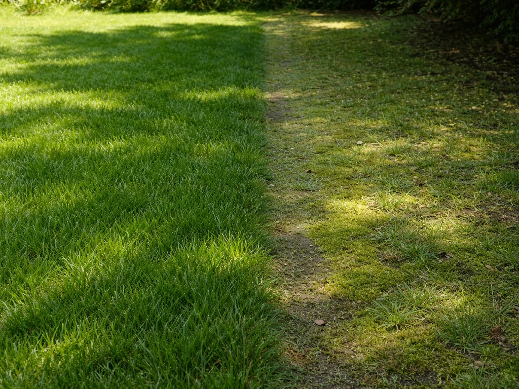 Pelouse en plein soleil verte à gauche, zone ombragée sous arbre à droite avec mousse et gazon clairsemé.