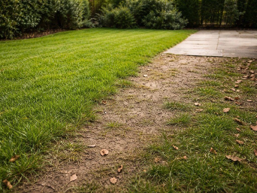 Coin de jardin avec gazon piétiné et herbe plus souple, traces d’usage visibles, ambiance naturelle.