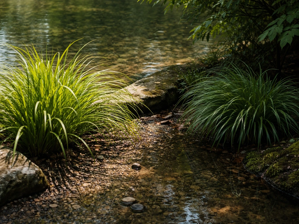 Deux micro-zones au bord d’un bassin : plantes en plein soleil à gauche, plantes en mi-ombre à droite.