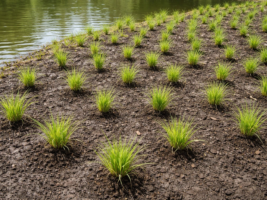Touffes de plantes de berge plantées en quinconce sur sol humide, en formation de tapis au bord de l’eau.