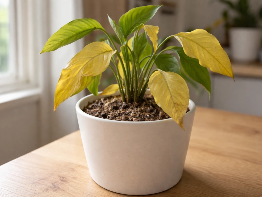 Feuilles d’une plante d’intérieur jaunies dans un pot, terreau visible, lumière naturelle près d’une fenêtre.