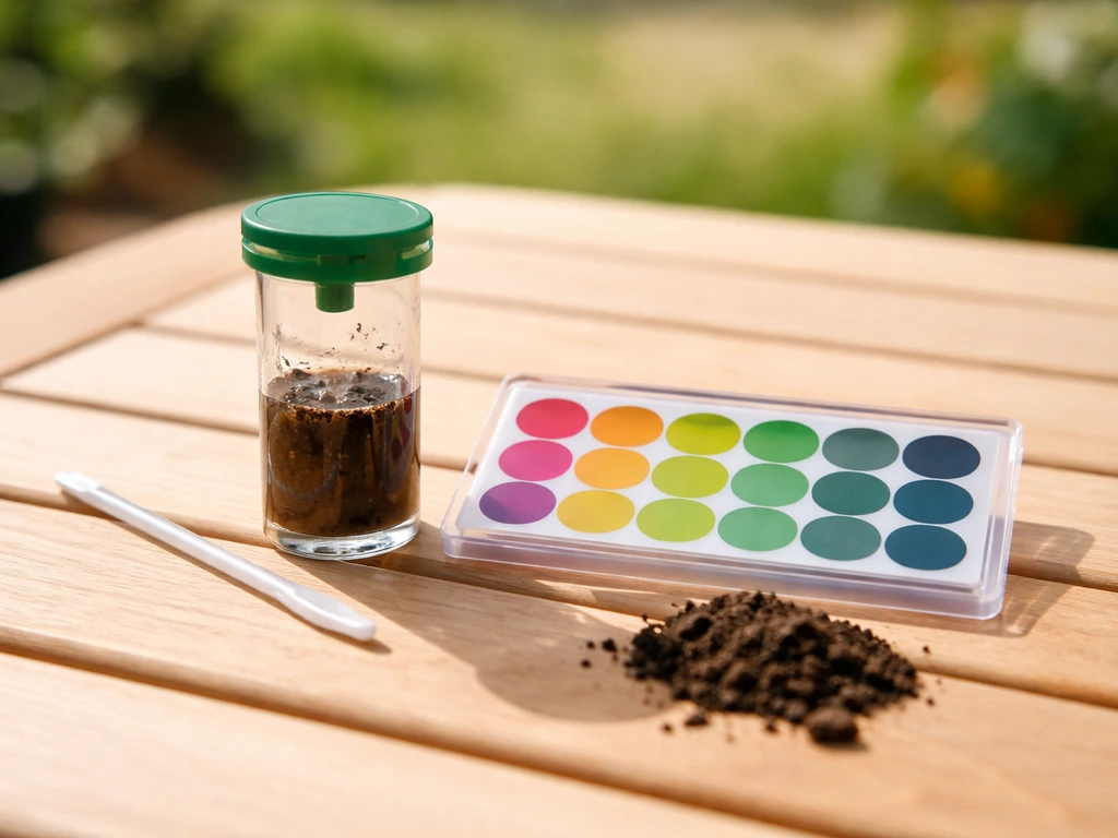 Kit colorimétrique de mesure du pH du sol avec terre mélangée à l’eau dans un petit dispositif, échelle à côté.