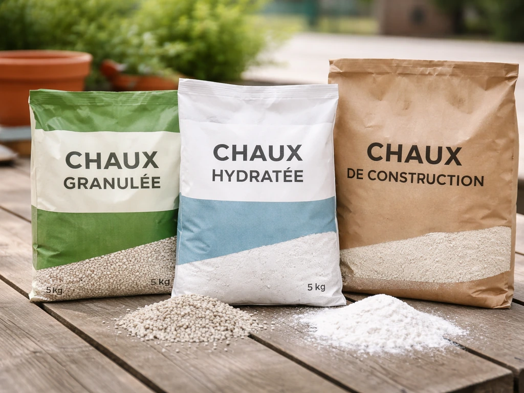 Sur une table, plusieurs produits de chaux pour le jardin et la construction avec emballages distincts, vue de près.