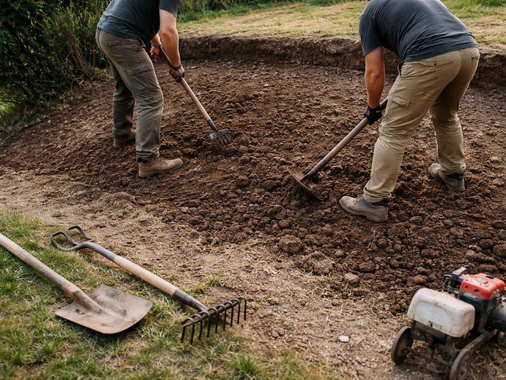 Travailleurs préparant le sol sur un talus, scarification visible et outils au sol, avant pose de structure.