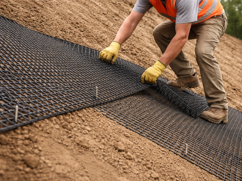 Un ouvrier déroule et fixe une géomatelas sur un talus, agrafes visibles et recouvrement entre lés.