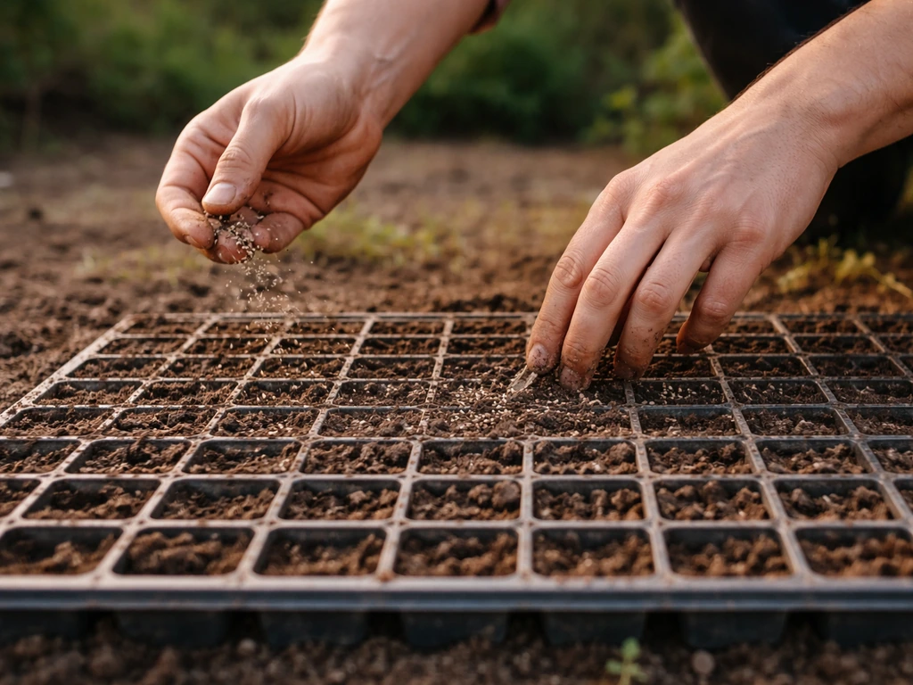 Semis sur une grille de jardin : graines projetées puis griffage léger pour les faire pénétrer