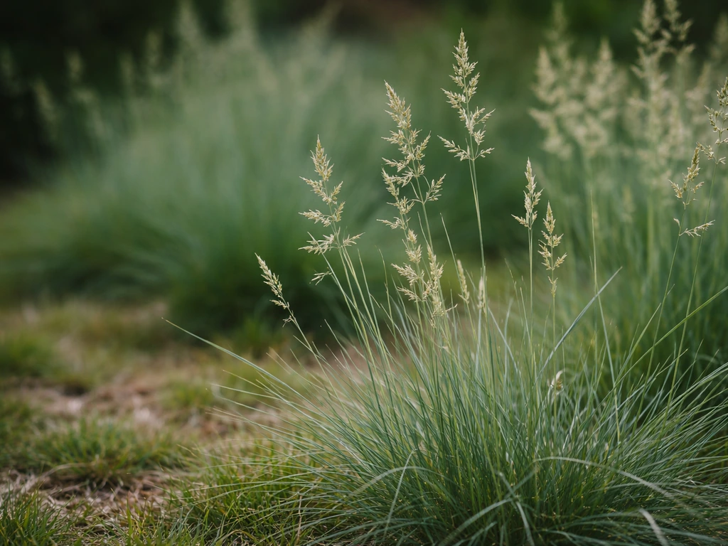 Gros plan sur des brins et épis de fétuque élevée, sur un substrat de terrasse, lumière naturelle.