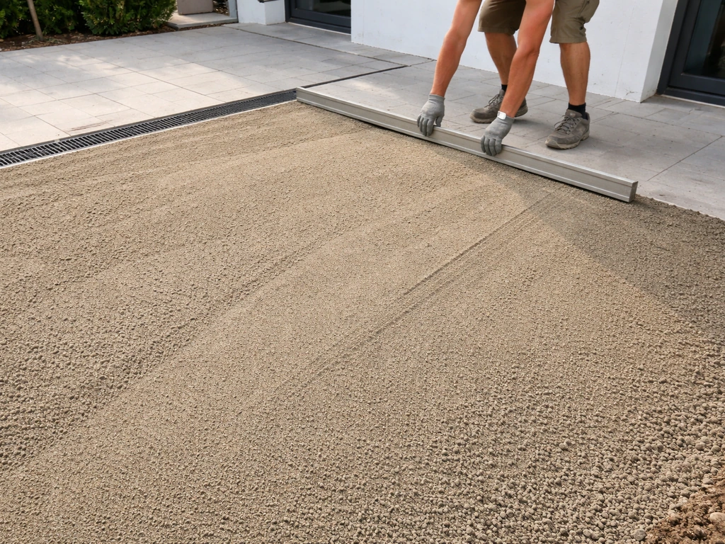Terrasse en préparation : substrat nivelé et tassé, pente vers l’évacuation avec drains discrets.