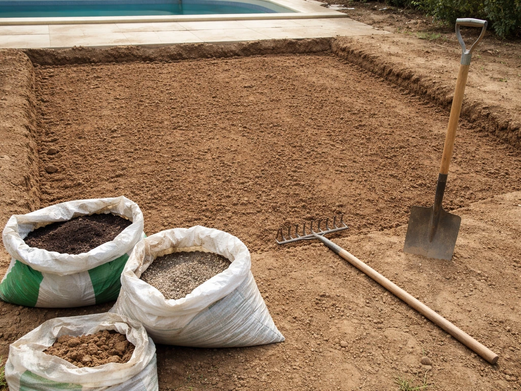 Travail du sol autour d’une future piscine : terre ameublie, griffe, surface nivelée avant pose du gazon.