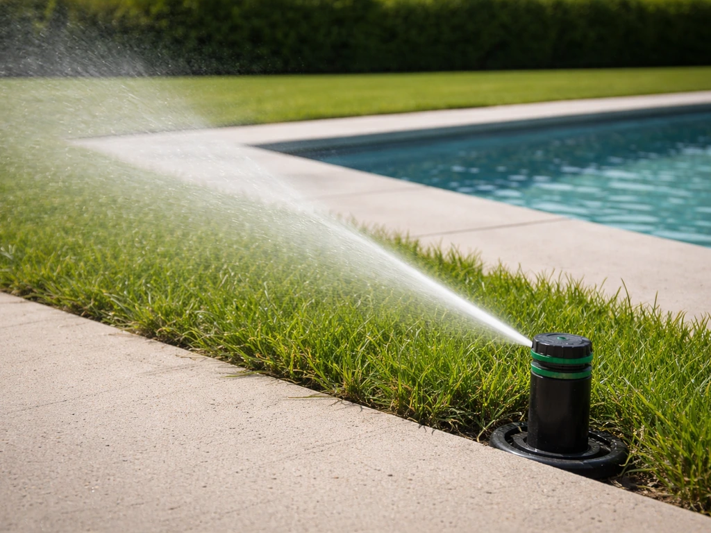 Arroseur réglé projetant une pluie fine sur la pelouse près de la piscine, sans ruissellement.