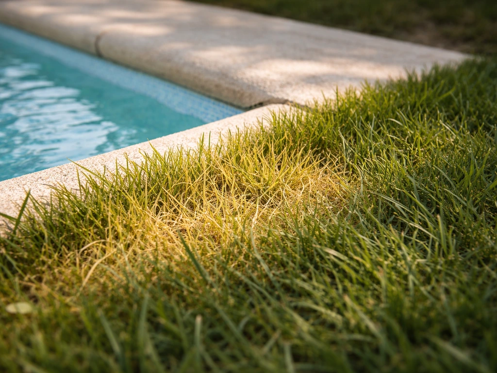 Zone d’herbe jaunie près d’une piscine, montrant un tache localisée de décoloration sur la pelouse.