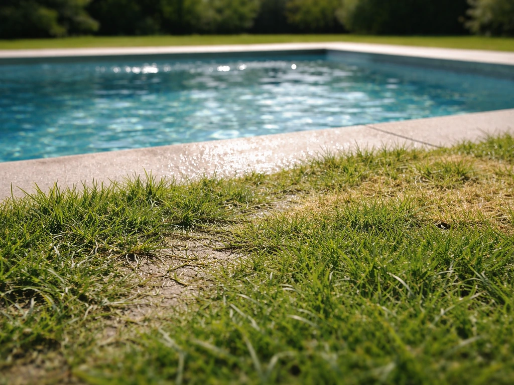 Bande de pelouse près de la piscine : herbe écrasée, zones humides et zones sèches sous forte réverbération.