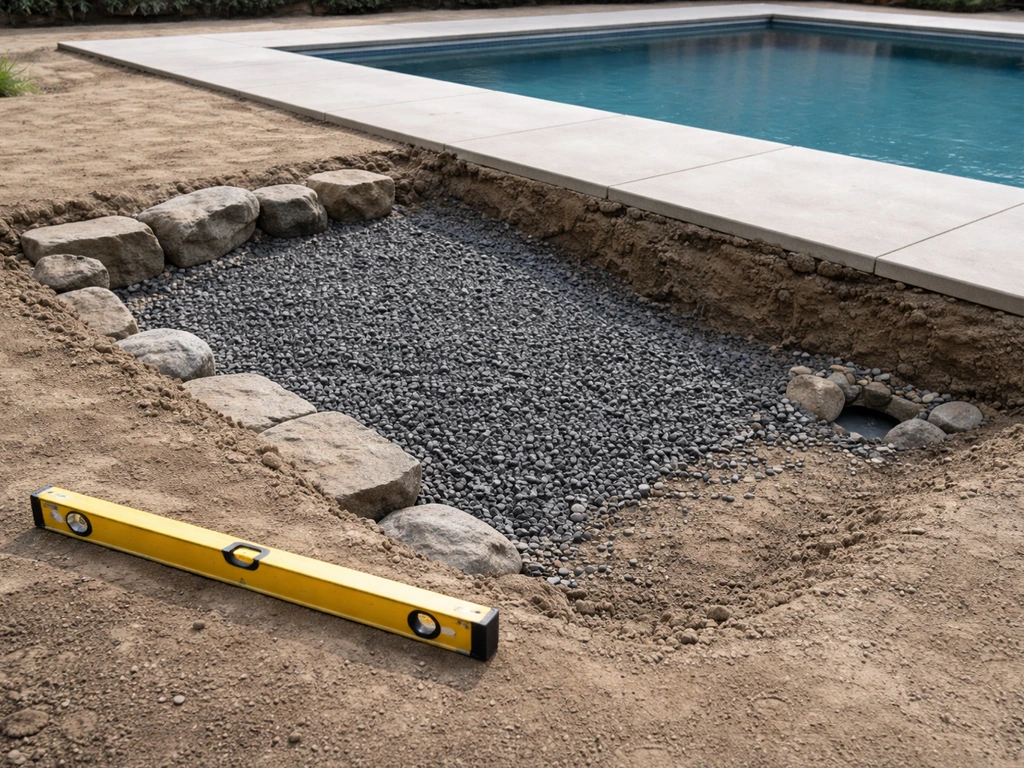Chantier près d’une piscine : gravier drainant et sol préparé pour un futur gazon, niveau visible.