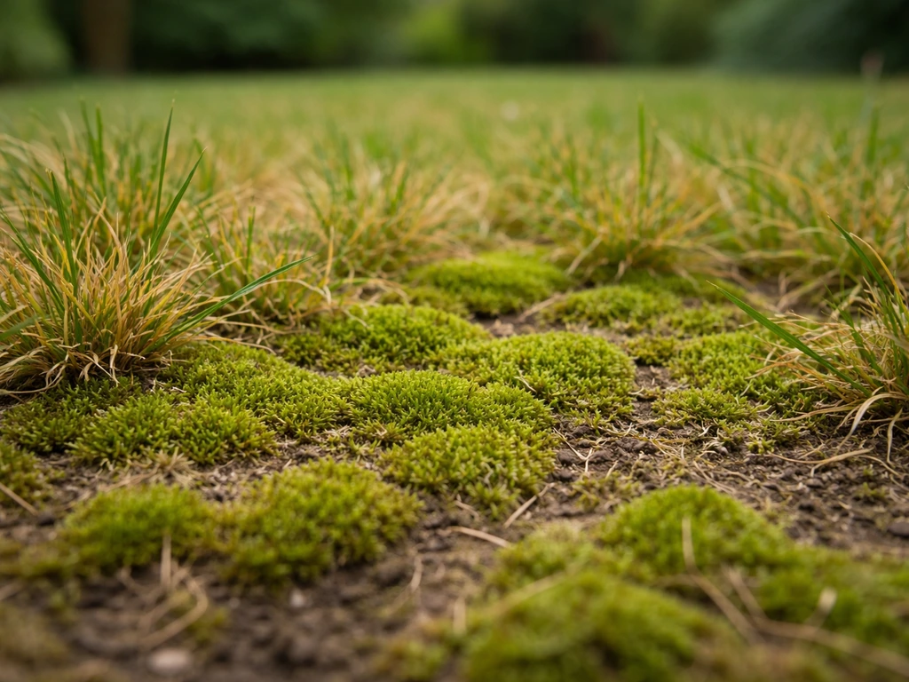 Gros plan sur de la mousse et un gazon jaunissant au ras du sol, indices d’humidité excessive