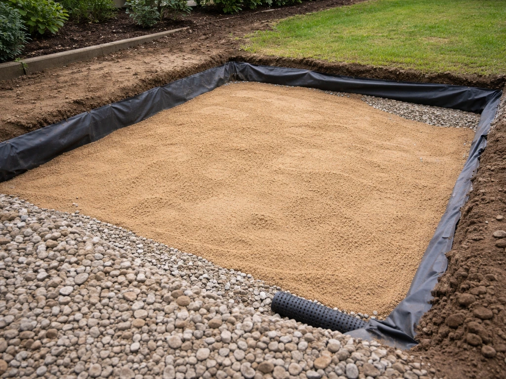 Zone de préparation du sol avec couche de gravier, sable fin et film de protection pour le drainage avant la pose du gaz